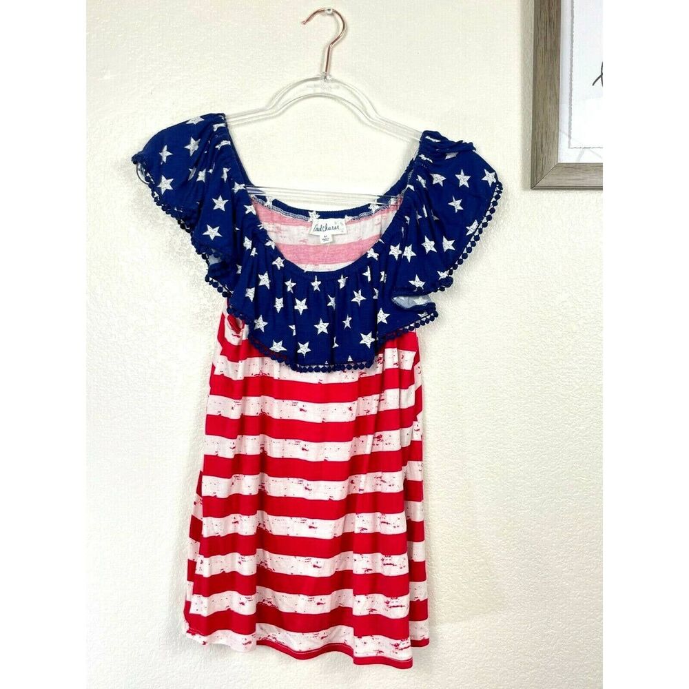 Cloud Chaser USA American Flag Stars Stripes Off Shoulder Tassel Top Medium